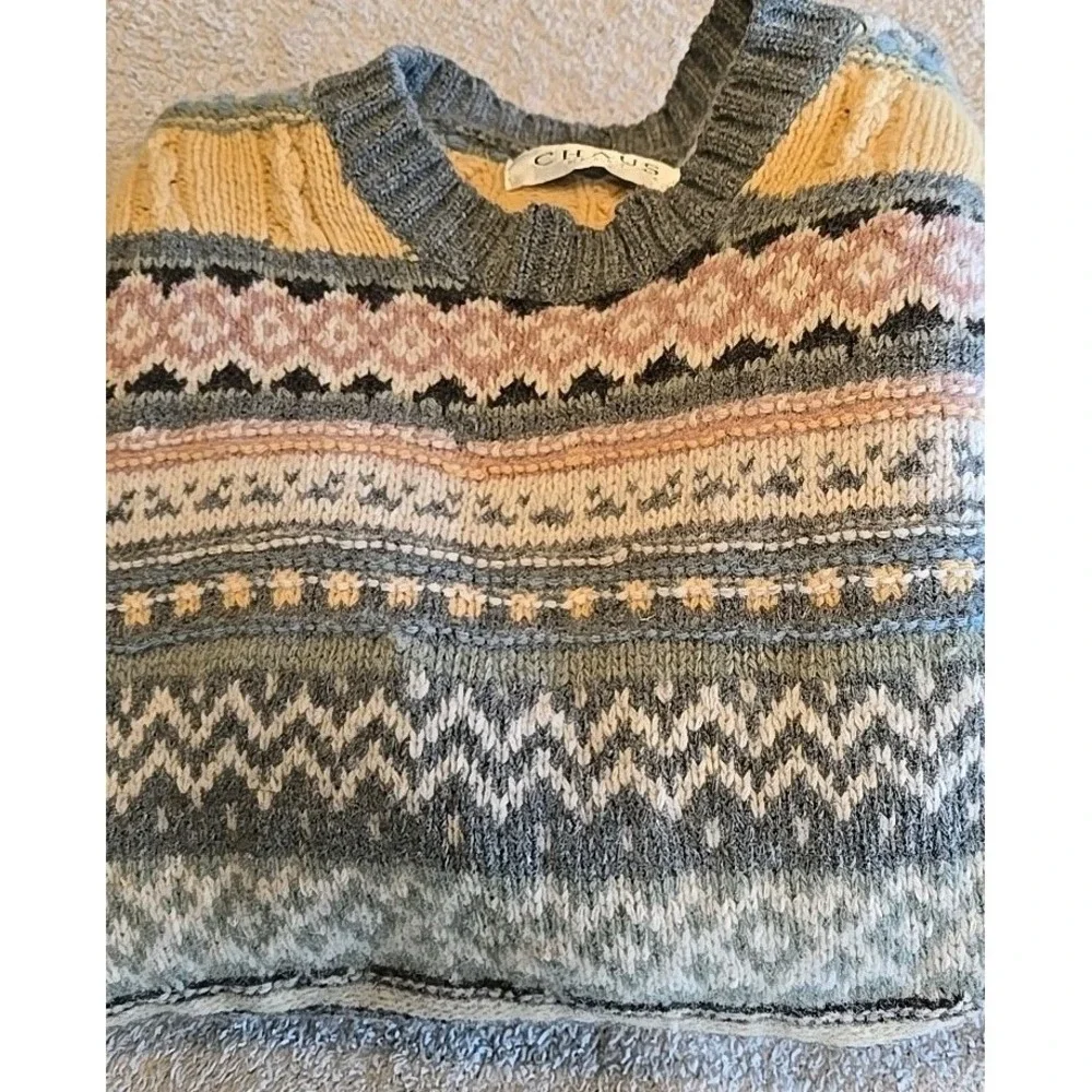 CHAUS Sport Womens S 100% Lambswool Pink Gray Yellow Stripe‎ Pullover Sweater